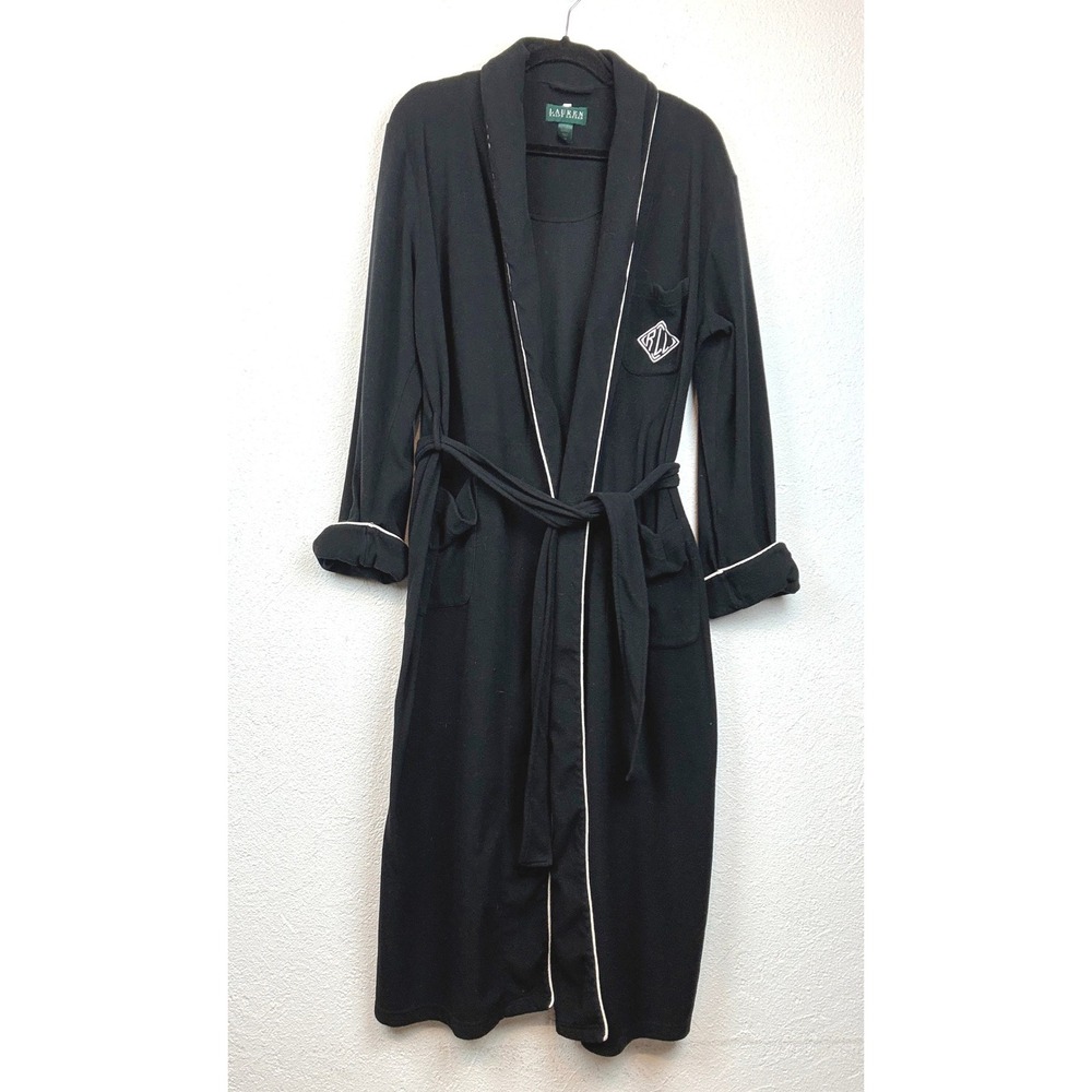 Lauren Ralph Lauren Black Fleece Robe - M - Embroidered Logo Piping Preppy Cozy